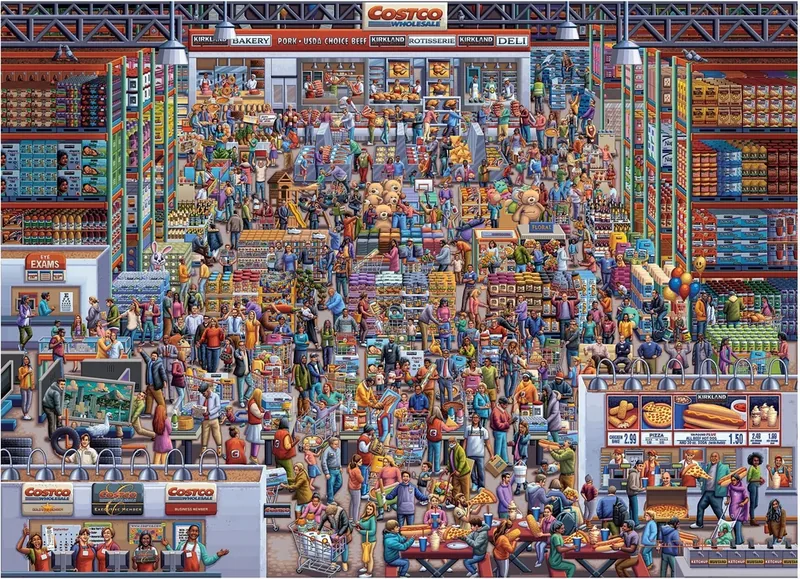 Complete illustrated Costco puzzle artwork with a small coral ring marking the approximate position reported for the pictured loose piece.